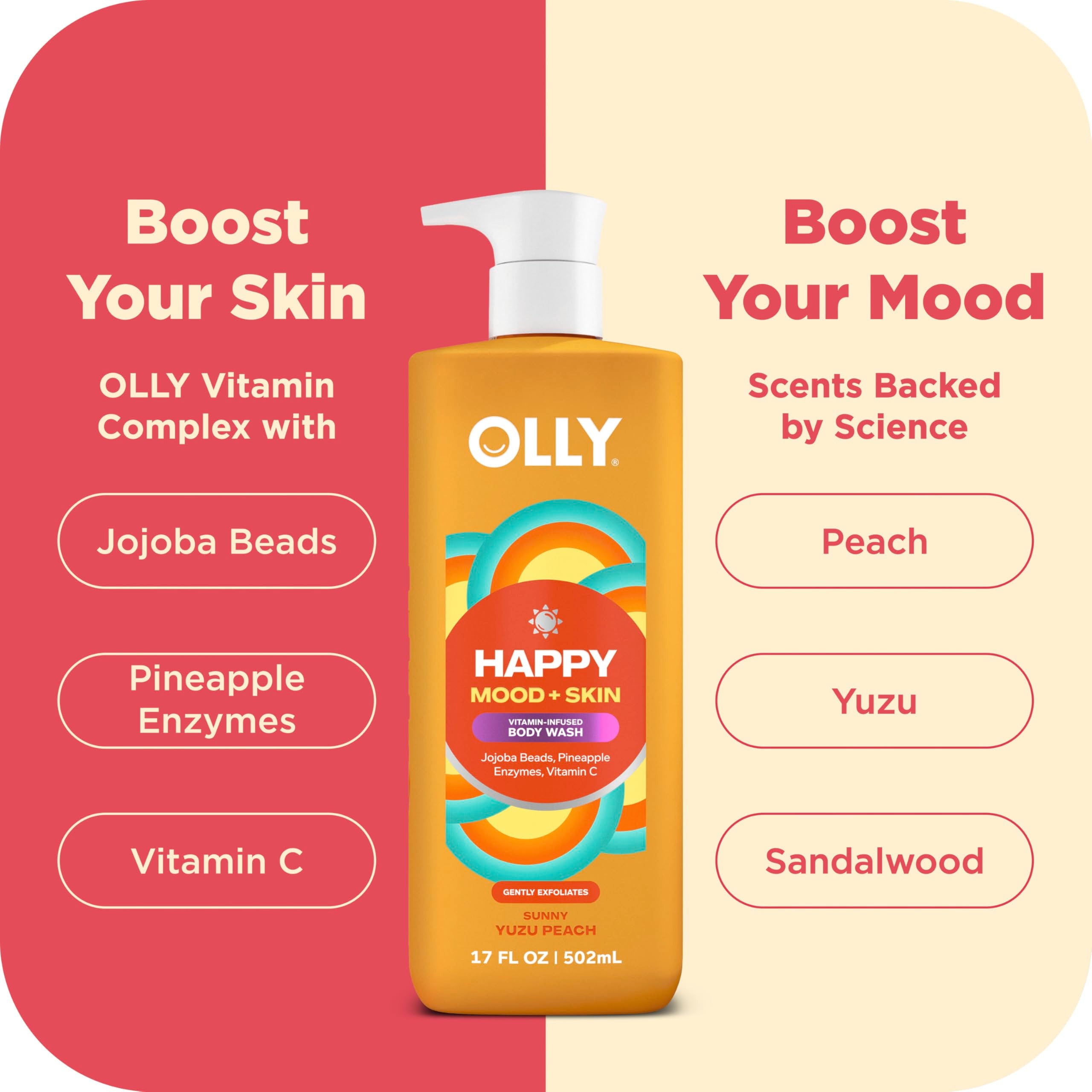 OLLY Exfoliating Body Wash piña-enzimas-vitamina-c acercamiento: ingredientes clave para piel radiante