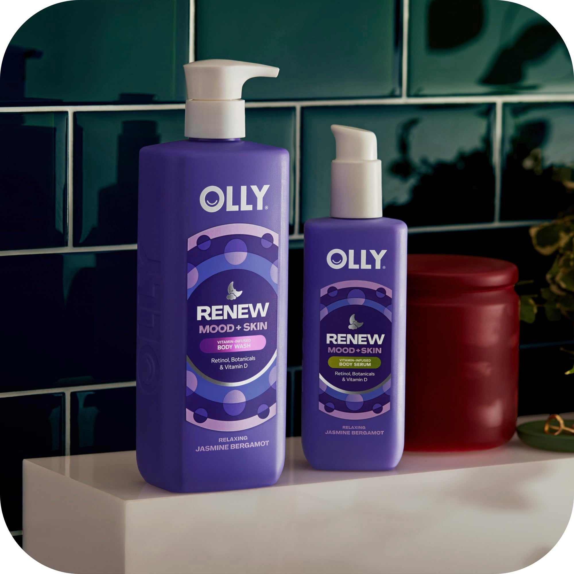 OLLY Renew Body Wash bathroom scene suggesting a relaxing evening routine