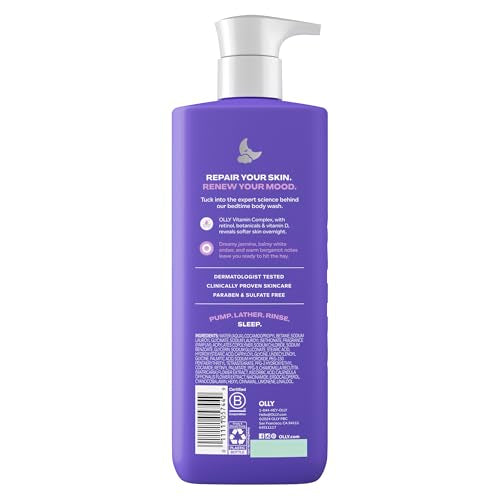 OLLY Renew Body Wash bottle pour showing gentle lather and deep hydration potential