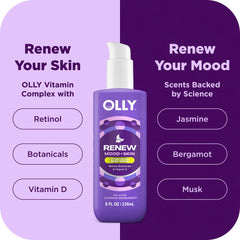 OLLY Renew Mood + Skin, fragancias de jazmín y bergamota para relajación nocturna.