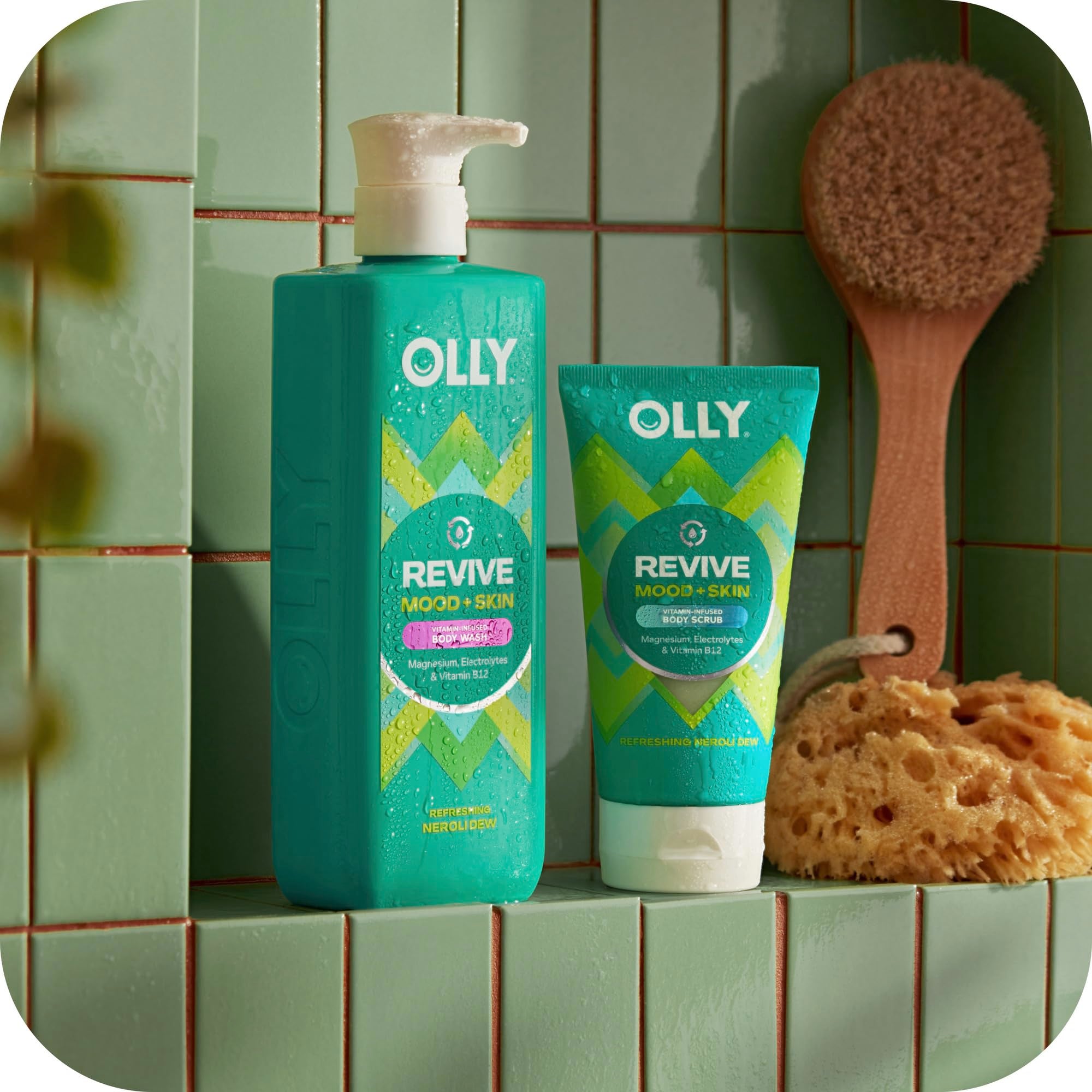 OLLY Revive bottle on bathroom shelf evokes daily self-care and hydration routine.