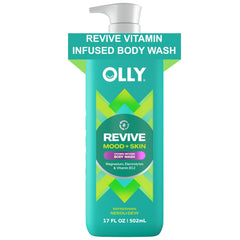 OLLY Revive Mood + Skin Body Wash bottle shows nourishing formula for hydrated, comfortable skin.