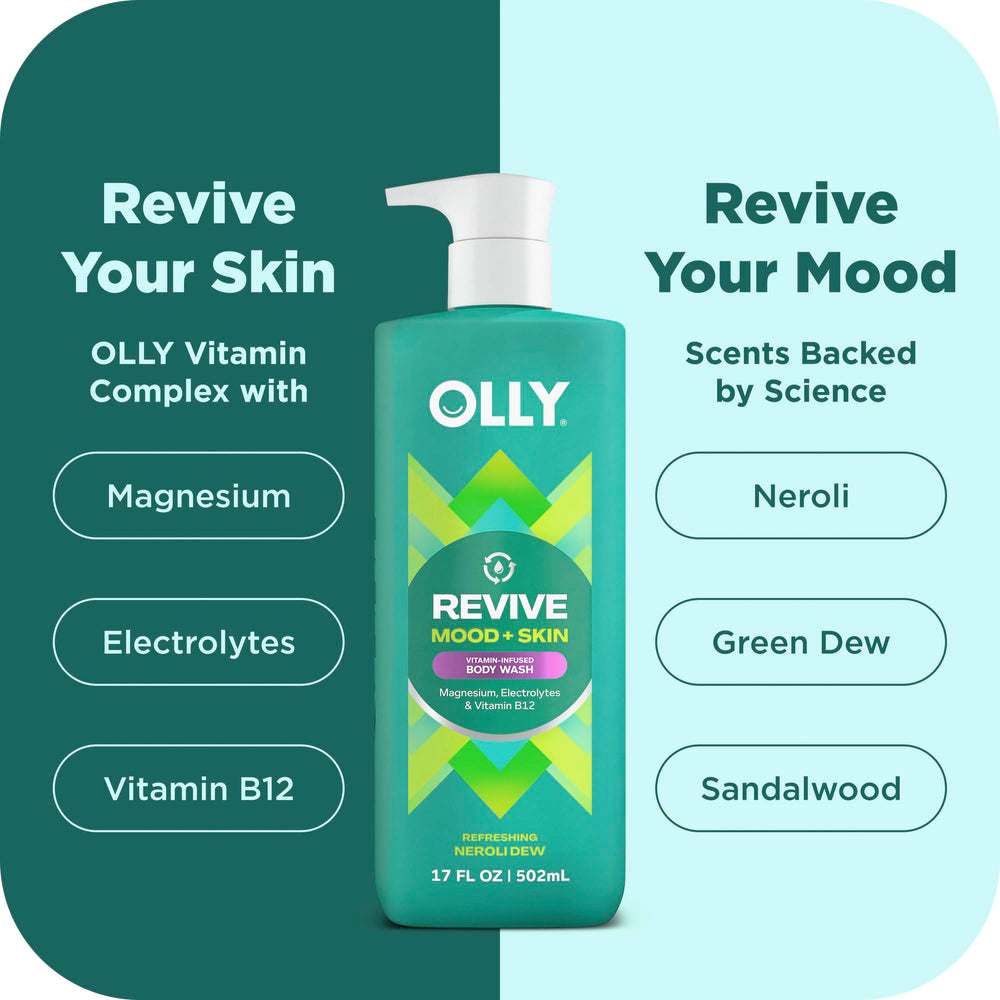OLLY Revive nerolidew scent provides mood-boosting aroma during your shower.