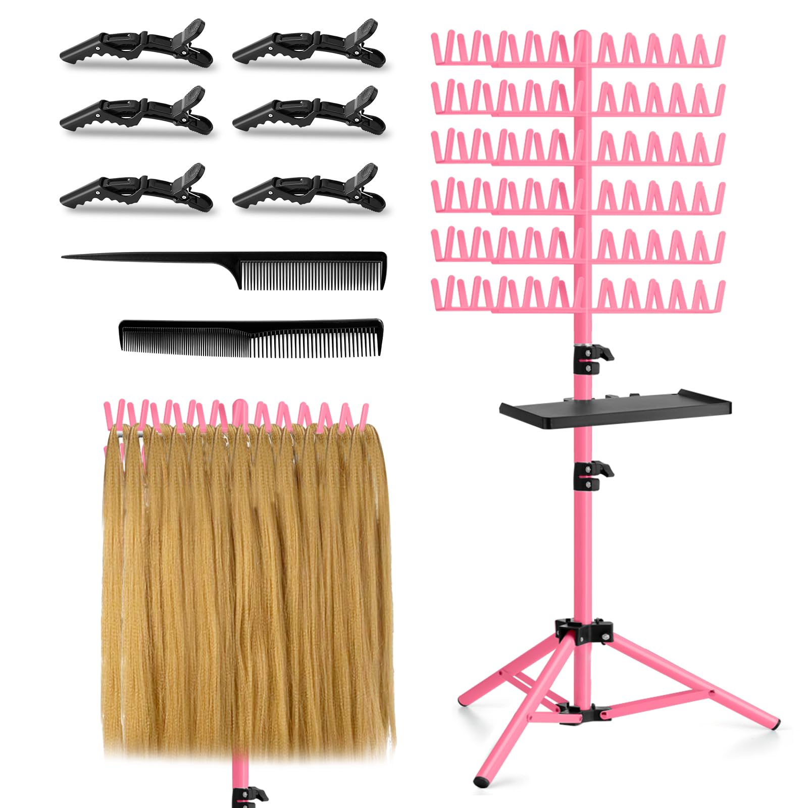 OLMRJKD braiding rack with tray in pink keeps tools within reach during salon sessions.