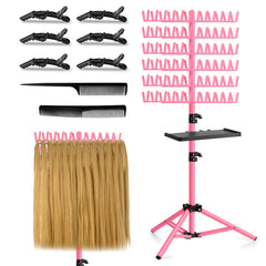 OLMRJKD braiding rack with tray in pink keeps tools within reach during salon sessions.