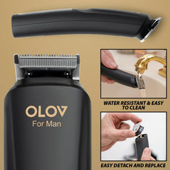 OLOV For Man body grooming head attachment in action for skin-safe clipping