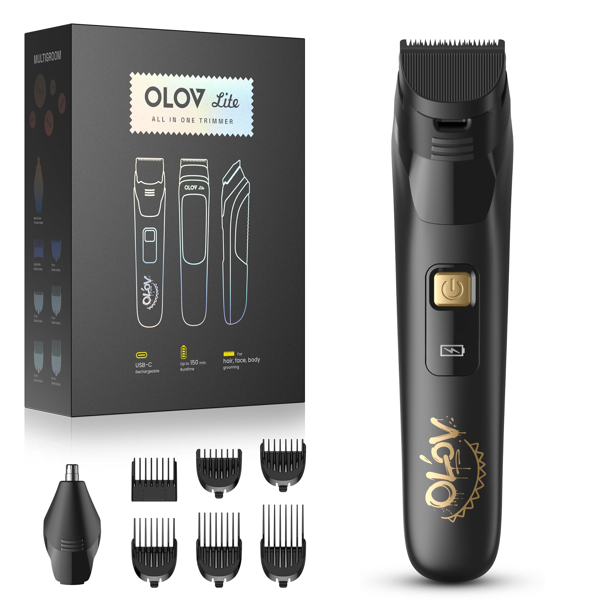 OLOV LITE beard trimmer with 6 guide combs enables precise styling.