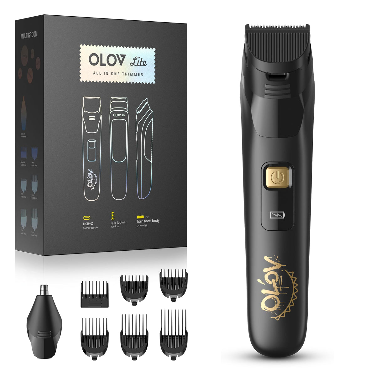 OLOV LITE beard trimmer with 6 guide combs enables precise styling.