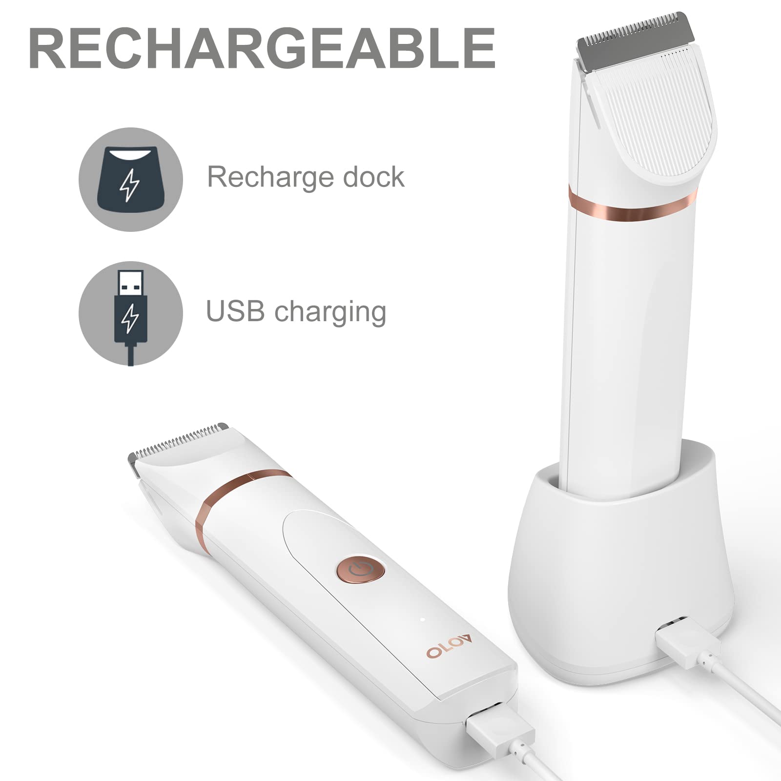 OLOV USB recharge dock for convenient cordless grooming.