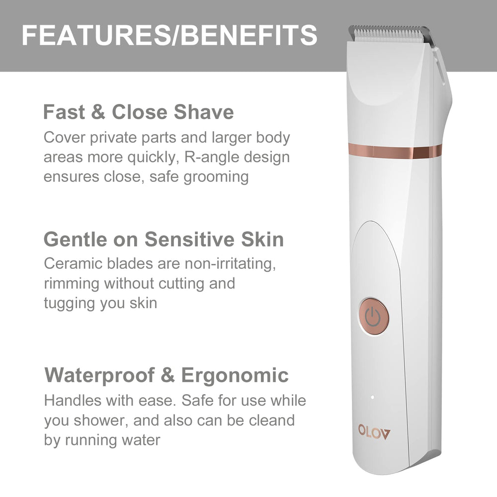 OLOV wet/dry design for trimming body hair, chest, and more.