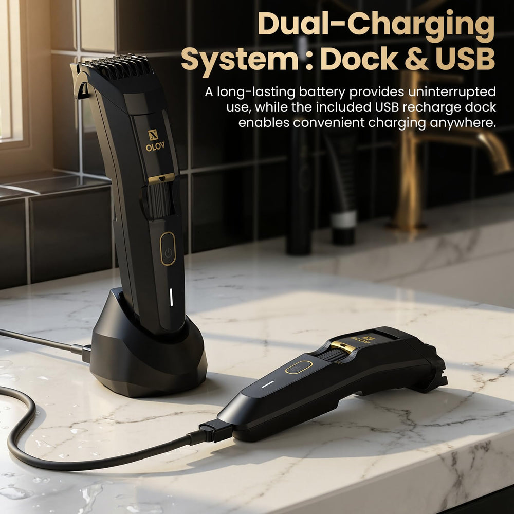 OLOV X beard trimmer USB recharge dock for quick power top-ups.