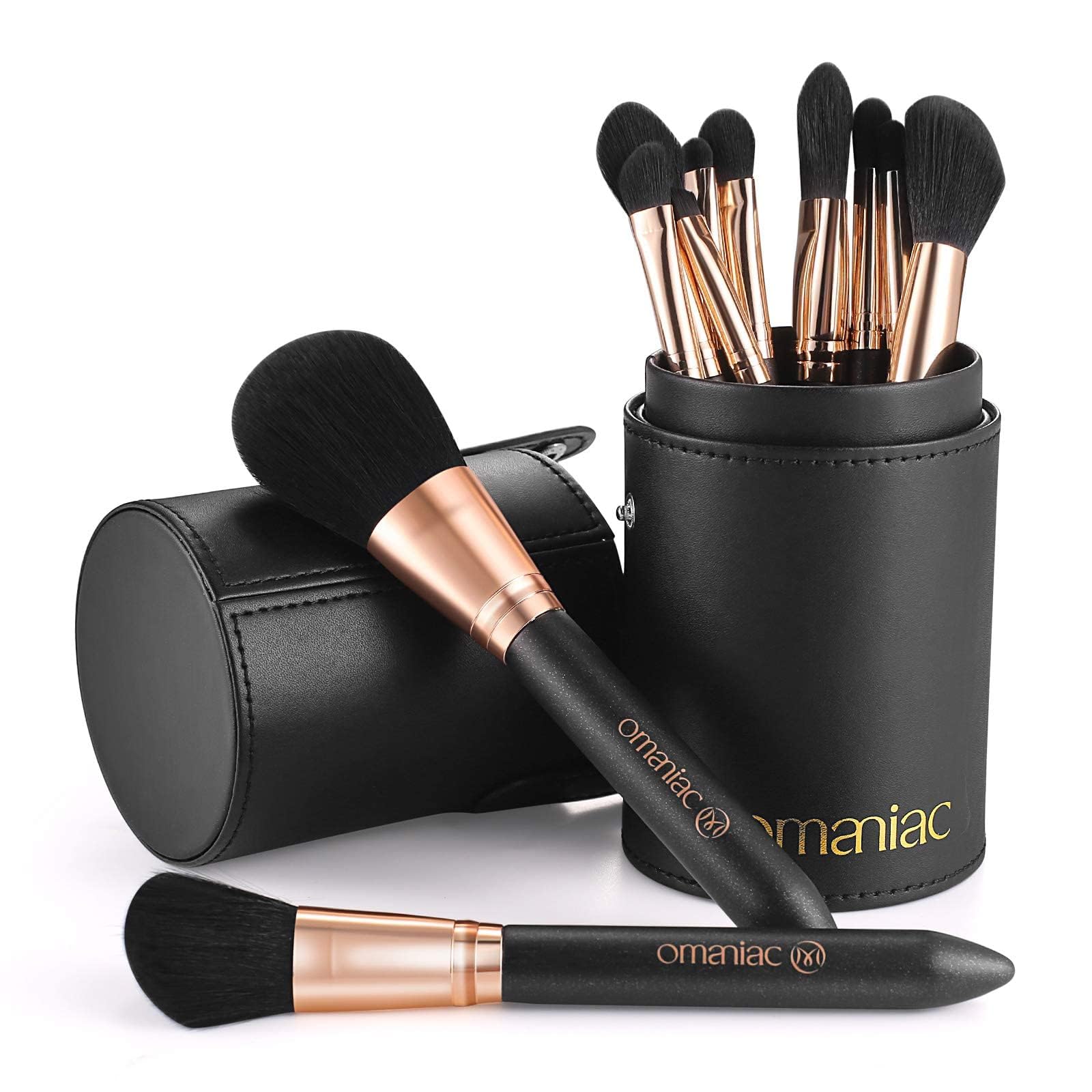 OMANIAC makeup brush set with pearlescent wood handles for precise application.