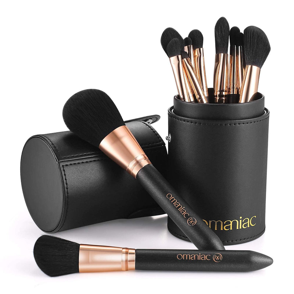 OMANIAC makeup brush set with pearlescent wood handles for precise application.