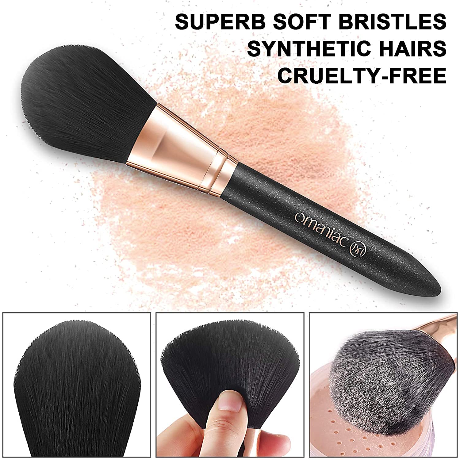 OMANIAC soft synthetic fiber brushes glide smoothly for natural-looking makeup.