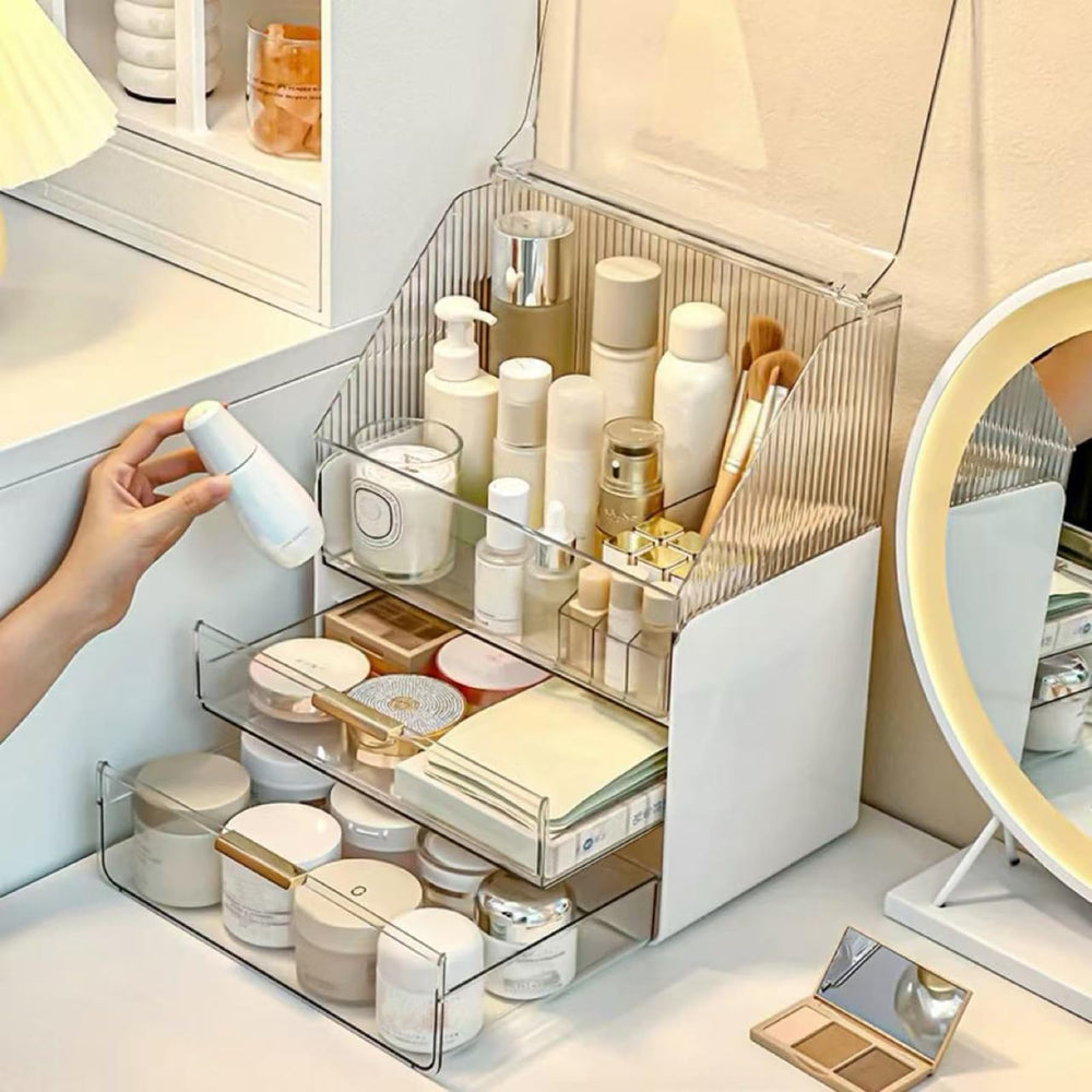Omeily vanity organizer side view with golden handle and dustproof design