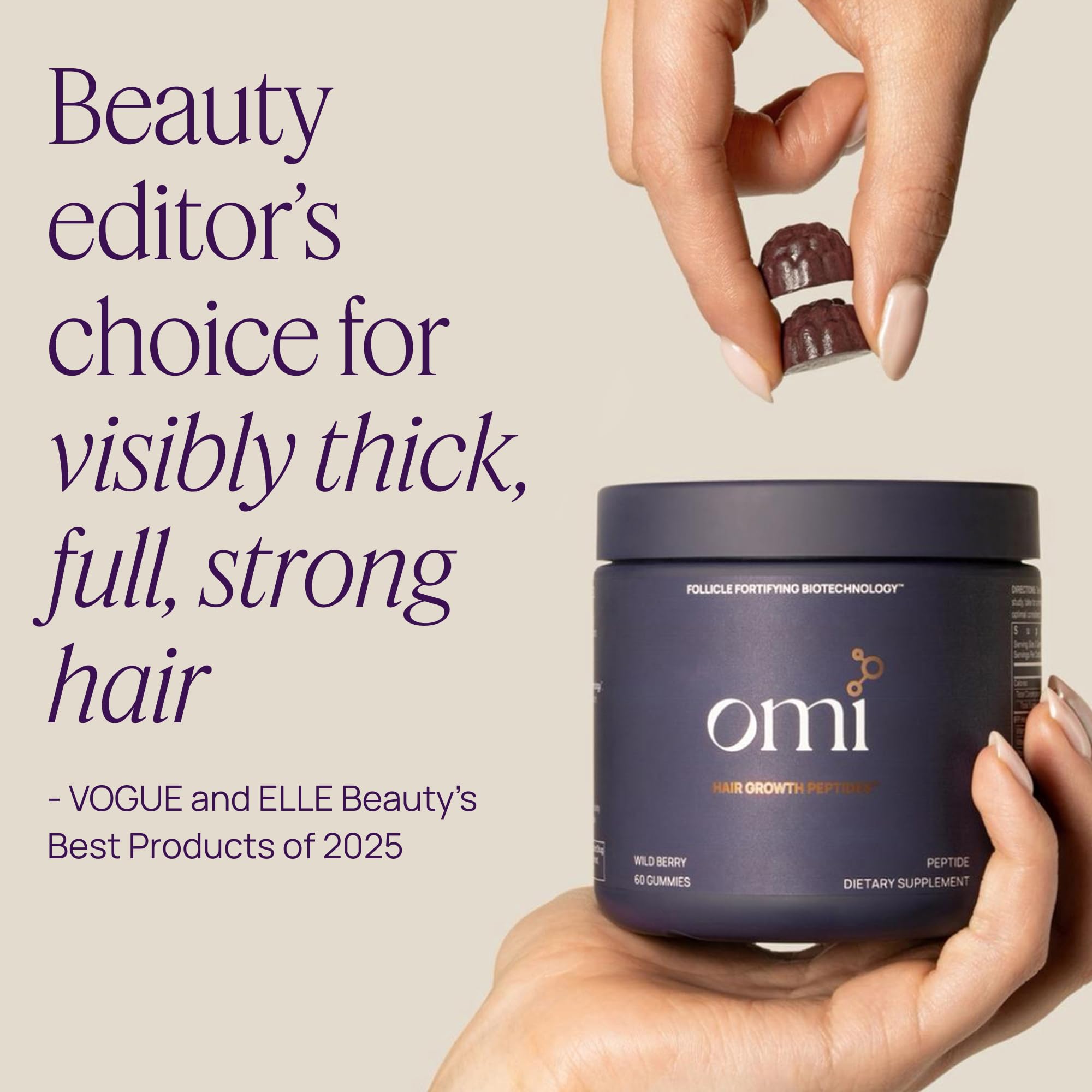 A pack of OMI Hair Growth Peptides Gummies ready for daily use.