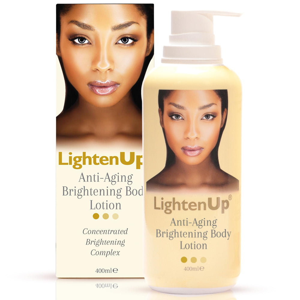 OMIC Lighten-Up anti-aging lotion bottle showing brightening formula for even skin tone.