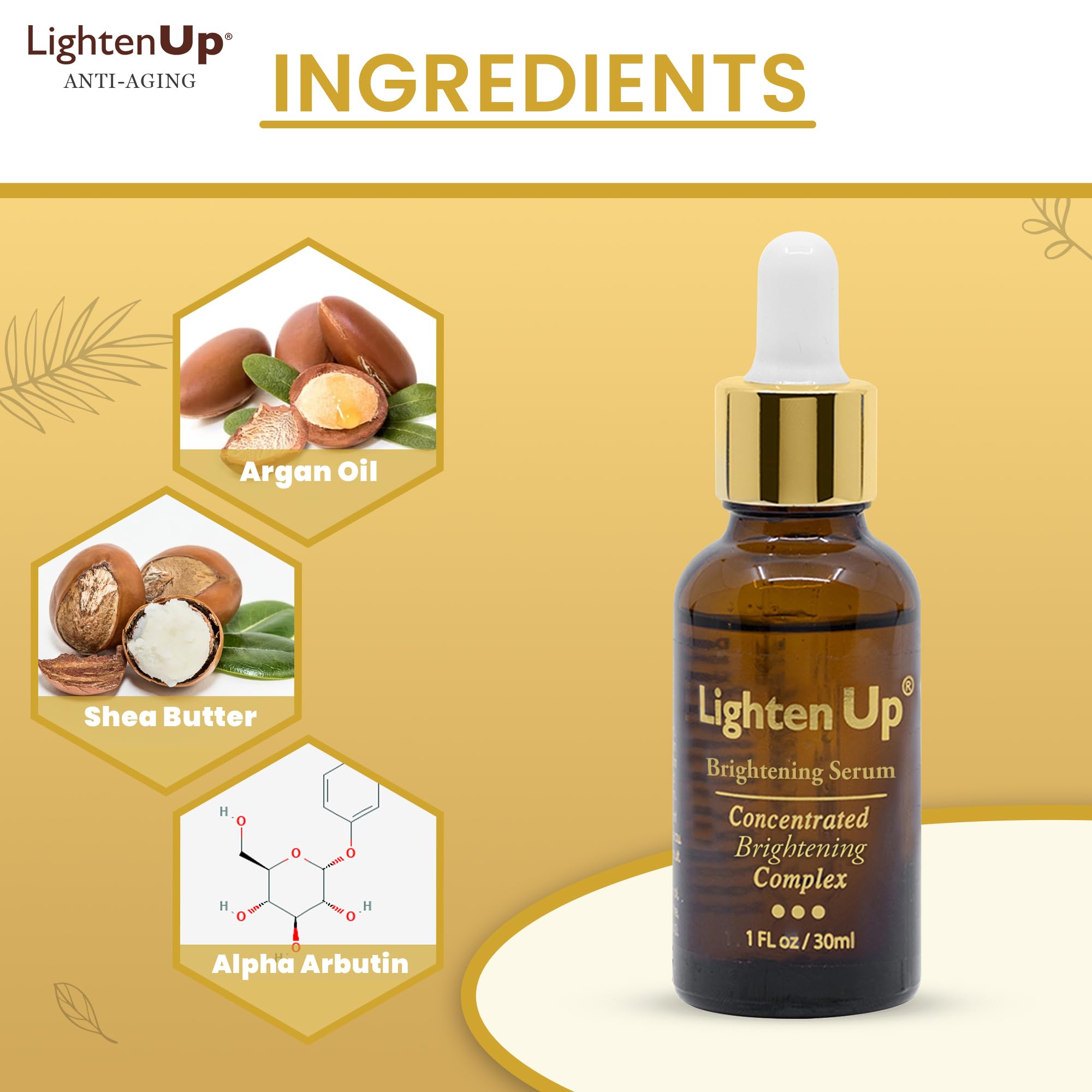 OMIC Lighten-Up serum ingredients argan oil illustration emphasizes hydration and radiance.