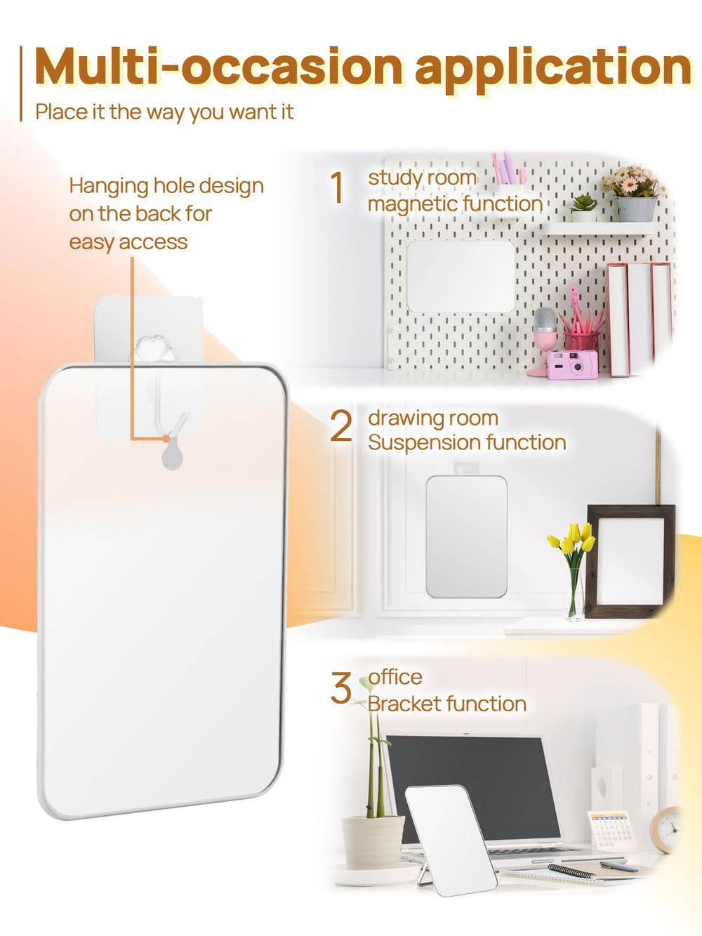 OMIRO mirror features a drop-shaped hole for wall hanging.