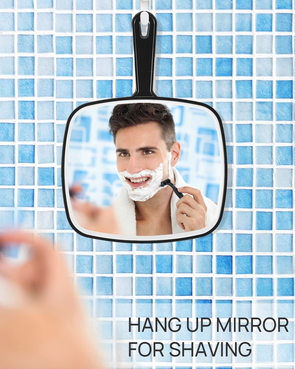 OMIRO hand mirror black stream shape adds modern styling to vanity