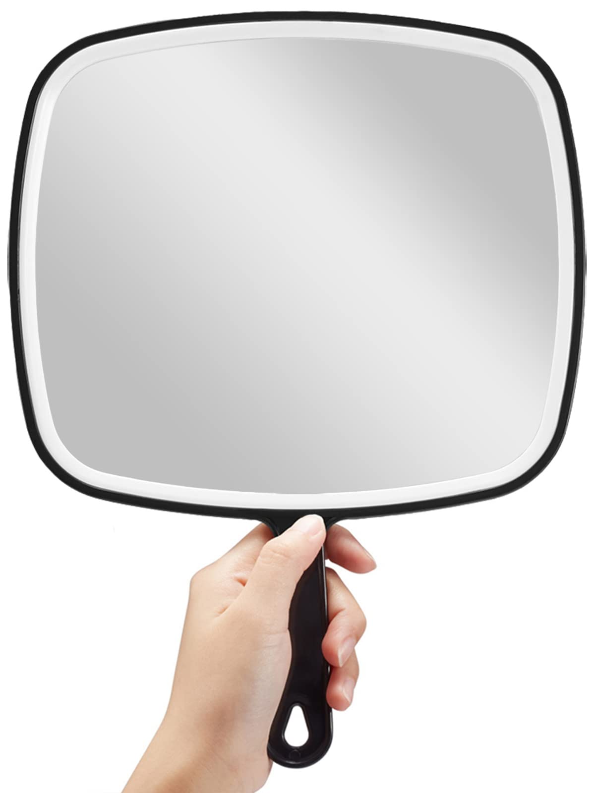 OMIRO hand mirror with extra-large black handle for a comfortable grooming grip