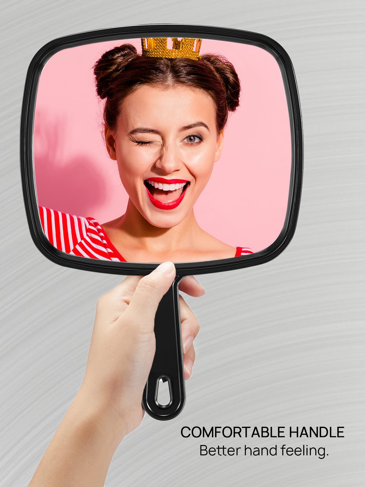 OMIRO hand mirror reflection area shows clear full-face detail.
