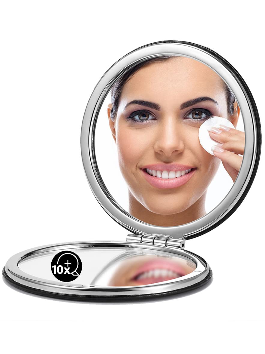 OMIRO round black mirror with PU leather for chic on-the-go touch-ups