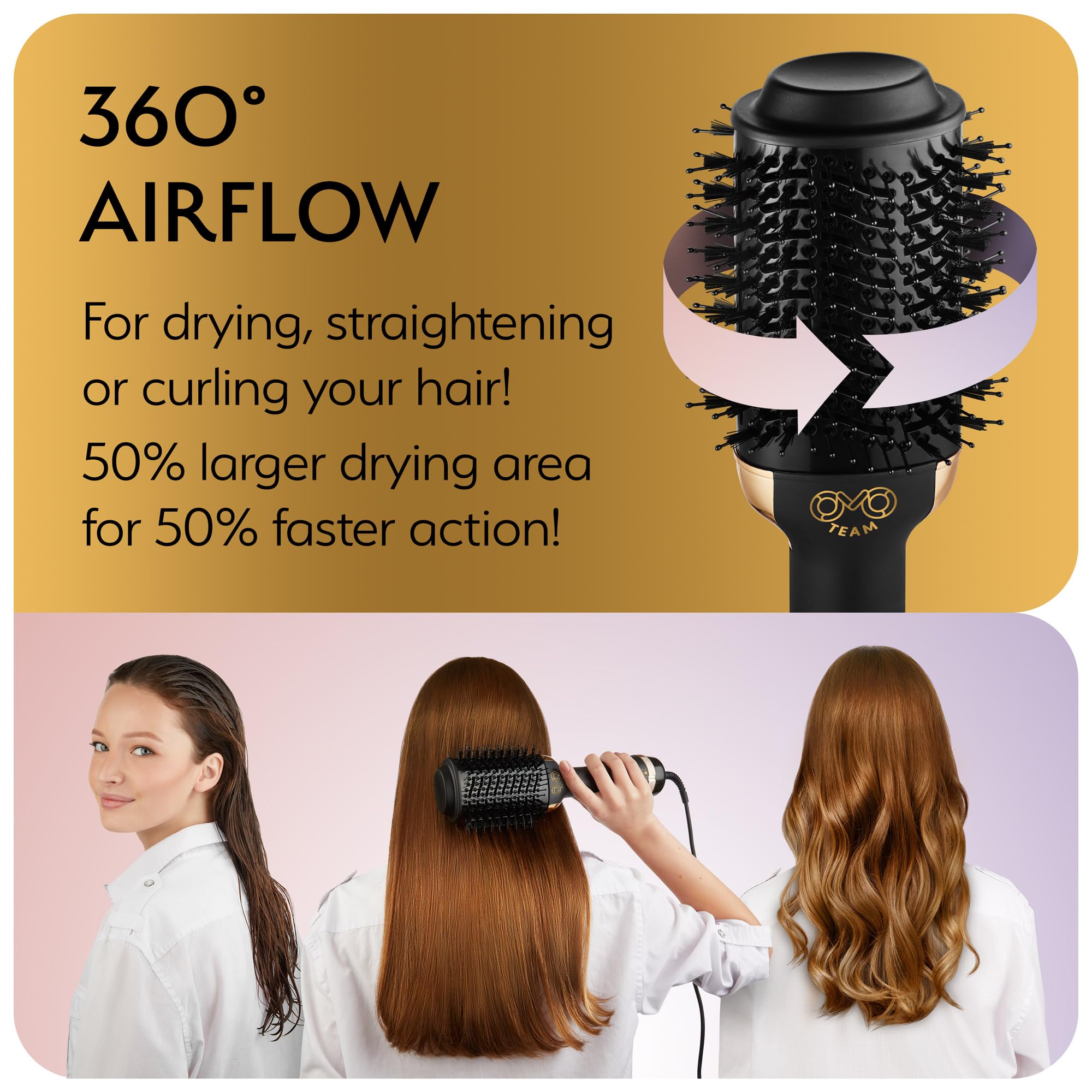 OMOteam dual-action bristles detangle and grip for smooth, shiny results