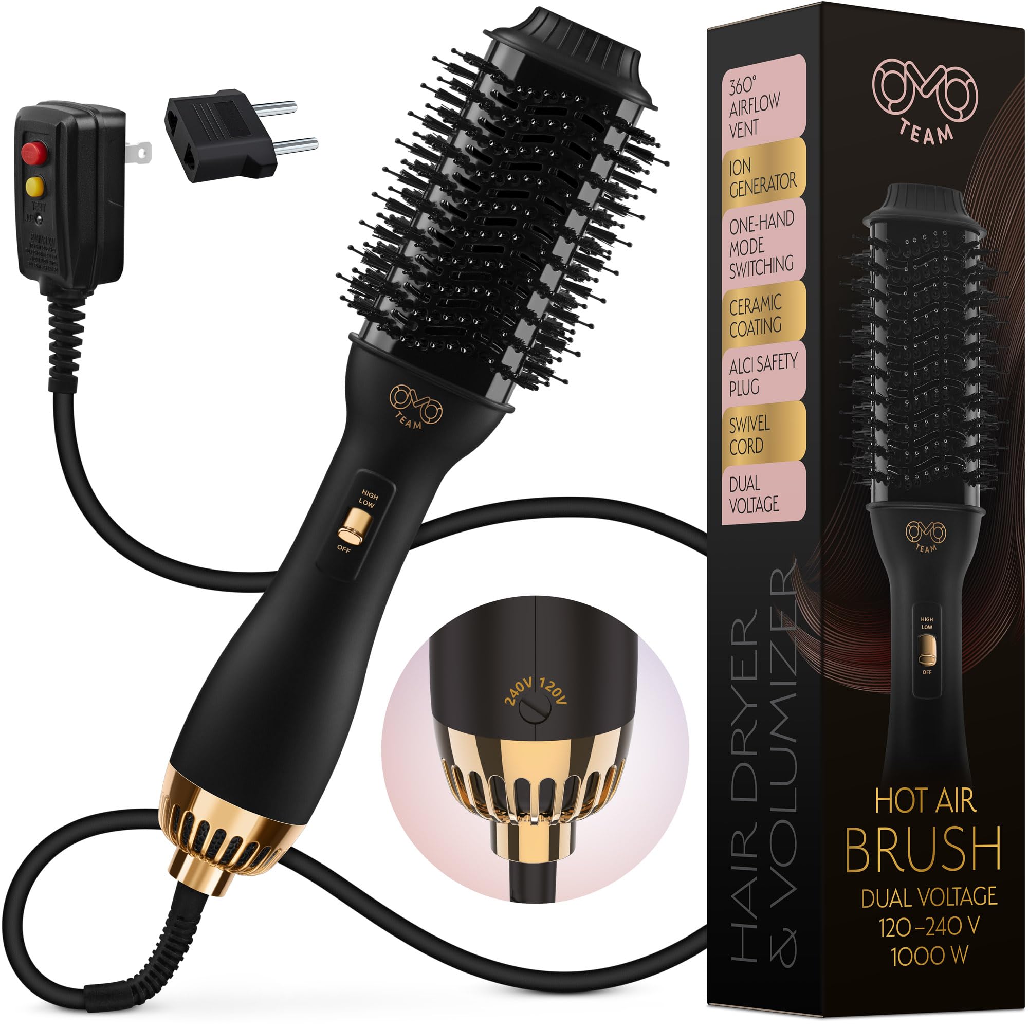OMOteam manual dual-voltage dryer brush with 360-degree airflow for fast styling on the go
