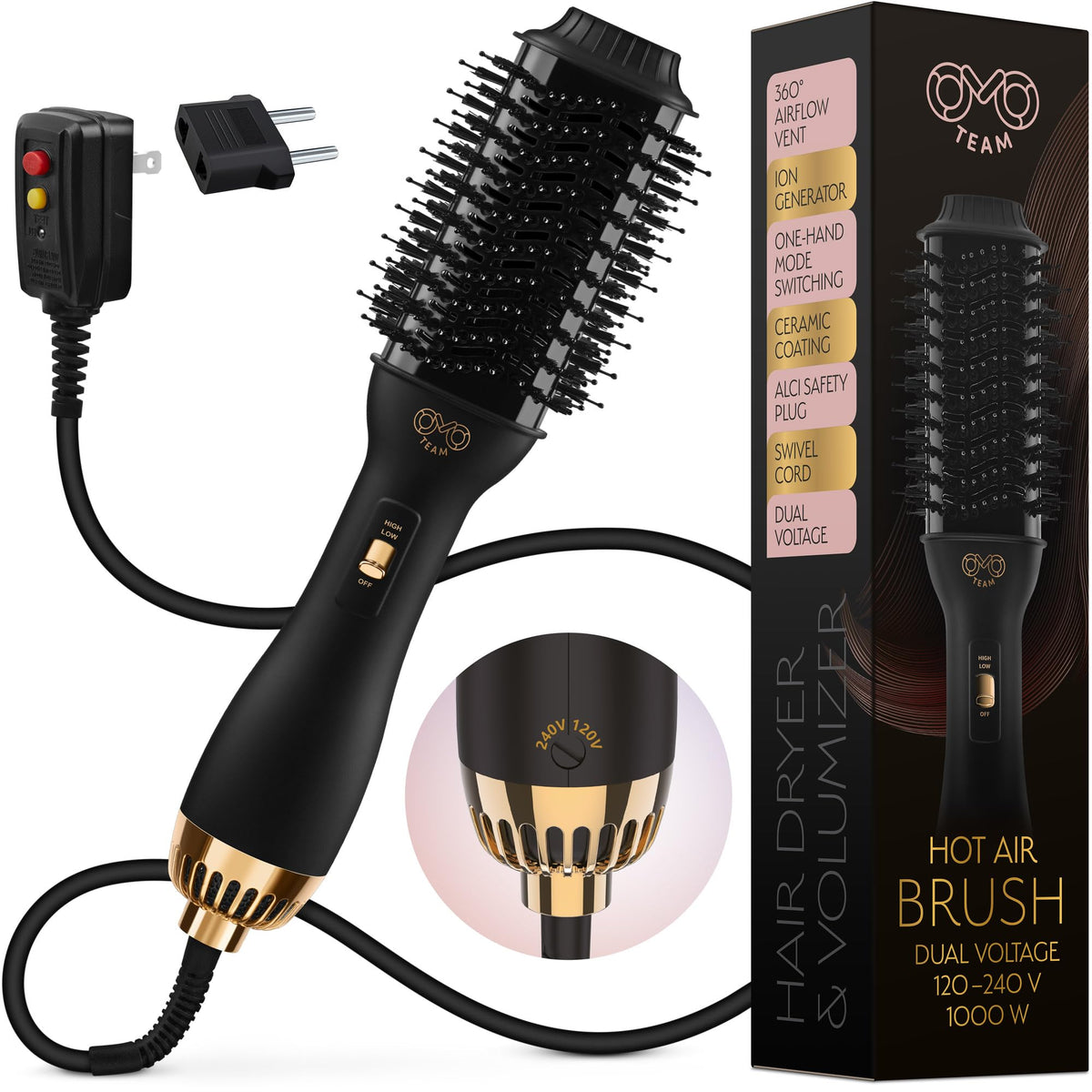 OMOteam manual dual-voltage dryer brush with 360-degree airflow for fast styling on the go