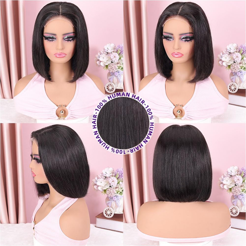 Omswet glueless cap bob wig close-up with adjustable straps for quick wear