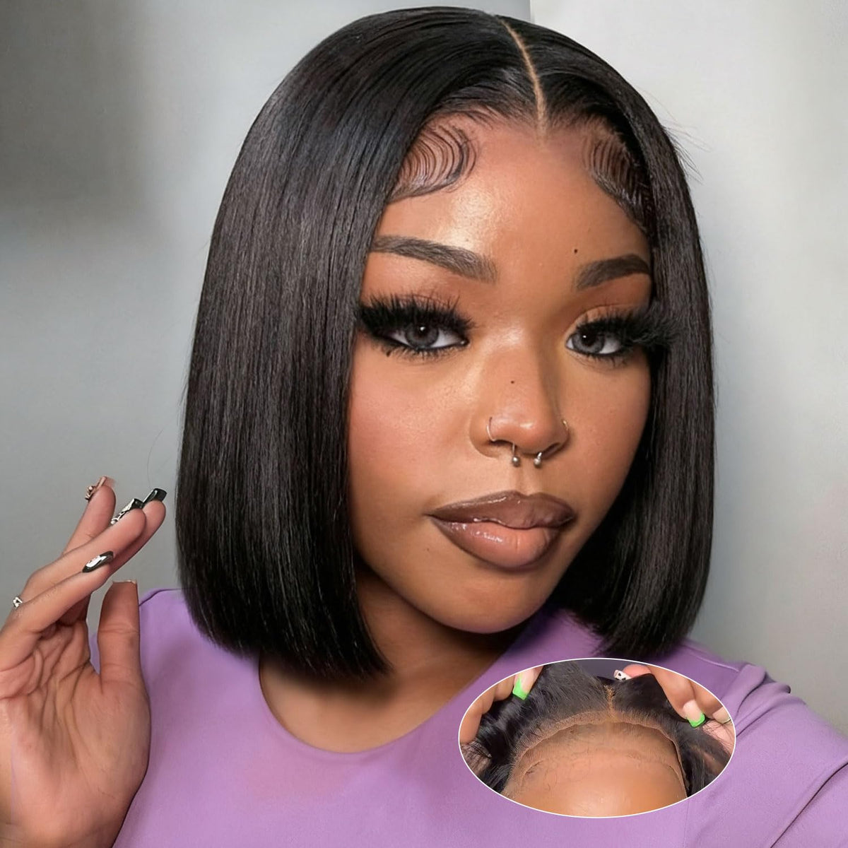 Omswet Wear and Go Bob Wig closure close-up showing easy styling and secure fit