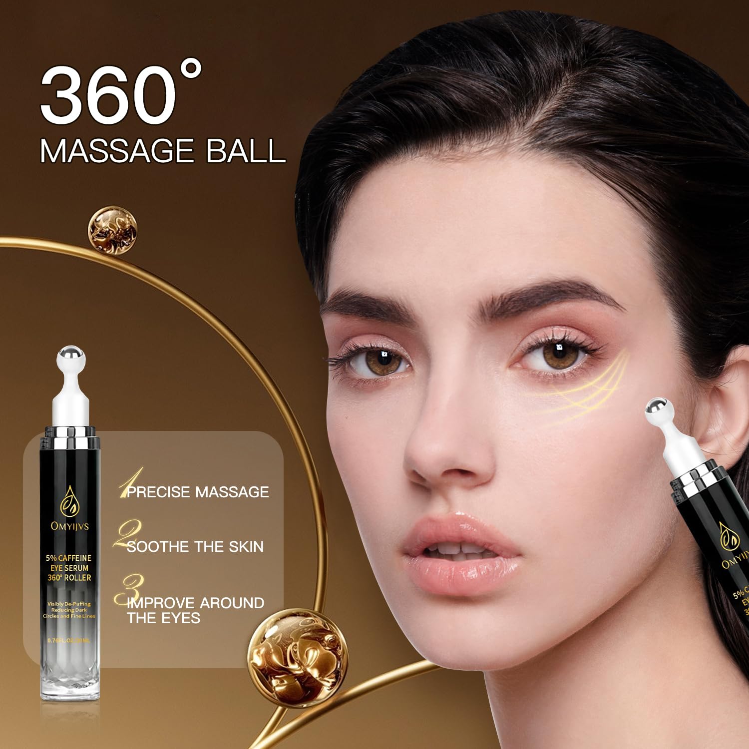 OMYIJVS Caffeine Eye Cream, rodillo 360, masaje refrescante que facilita la absorción.