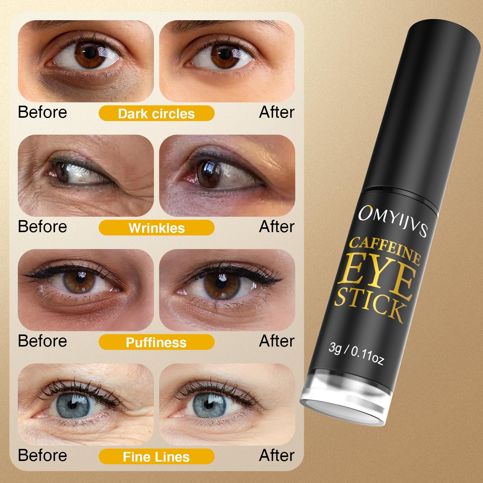 Applying OMYIJVS caffeine eye stick under the eye for cooling relief