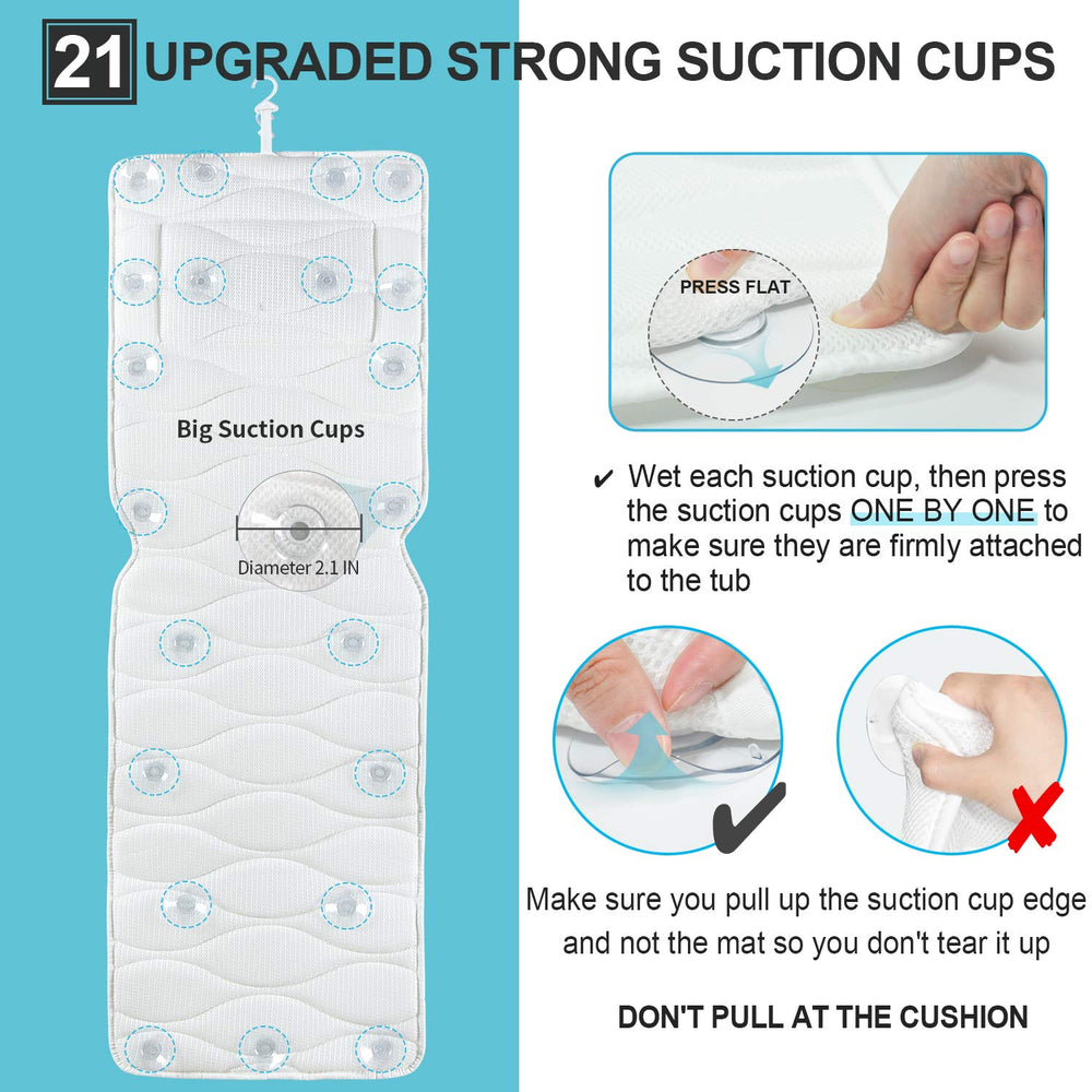 OMYSTYLE bath pillow showing 21 suction cups for secure tub attachment and stability