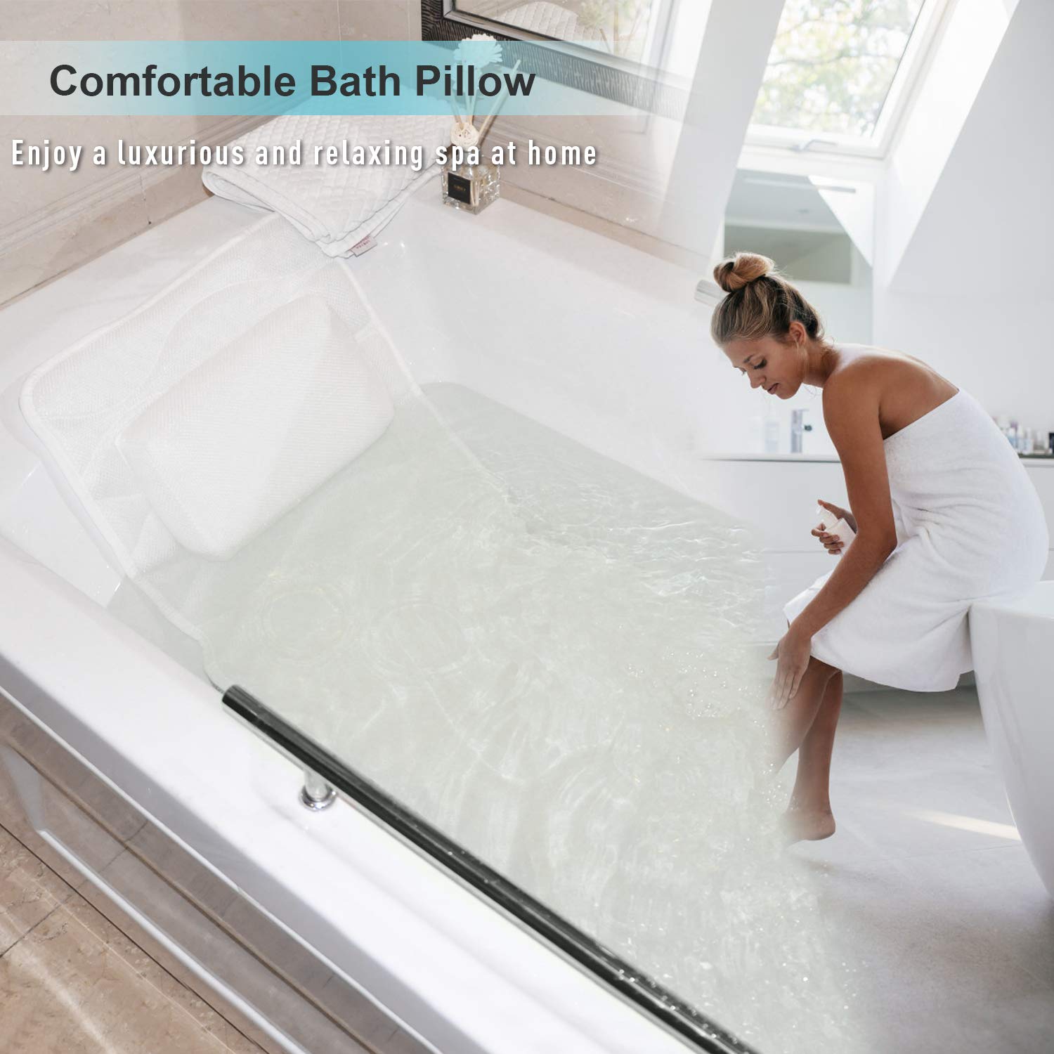 OMYSTYLE pillow in tub setup demonstrating compatibility with most freestanding tubs