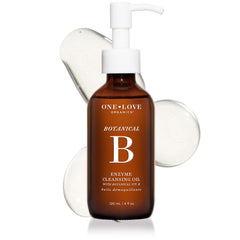 One Love Organics Botanical B Enzyme Cleansing Oil bottle closeup for gentle makeup removal.