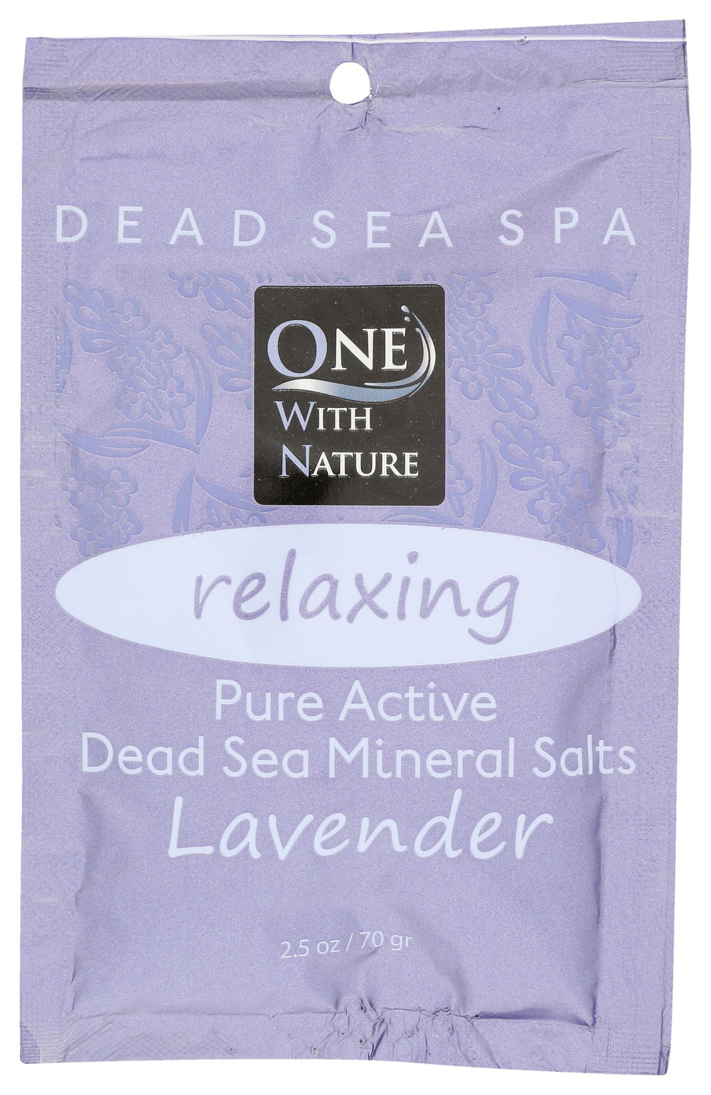 One With Nature Dead Sea salts in lavender bath tub for relaxing bath and skin balance.