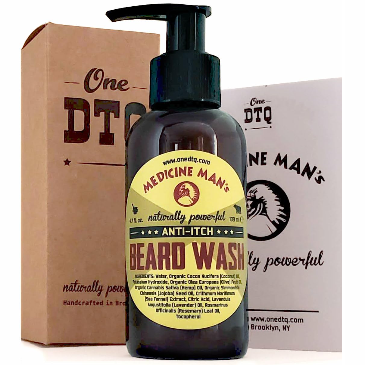 OneDTQ Beard Wash bottle front showcases natural formula for itchy beards