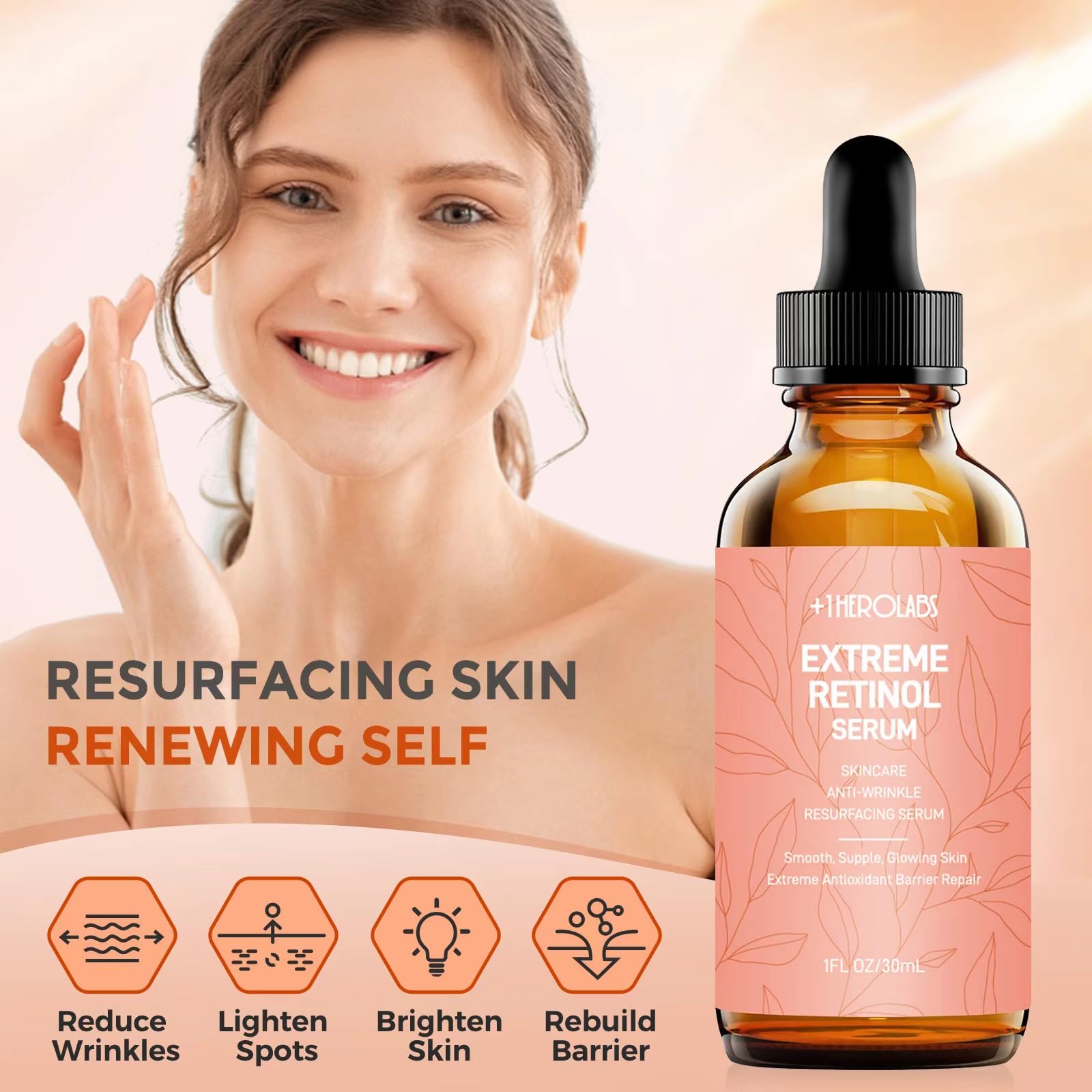 OneHerolabs Retinol Serum, aplicación con pump, facilita uso diario