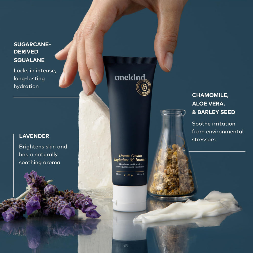 Onekind Night Moisturizer rosehip oil visual highlights natural ingredients