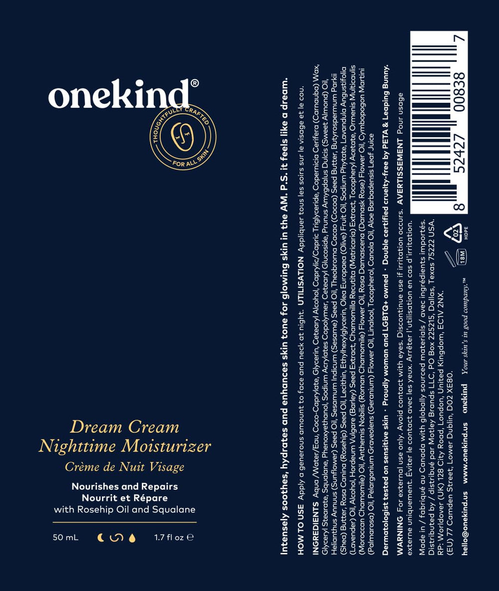 Onekind Night Moisturizer vegan cream on shelf conveys ethical skincare