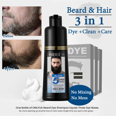 Onilyua beard dye shampoo being applied to gray beard for quick color
