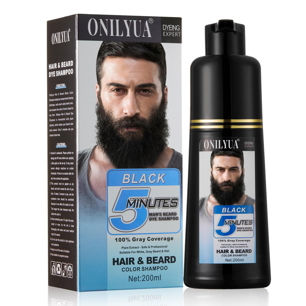 Onilyua beard dye shampoo bottle showing rich black color for natural gray coverage