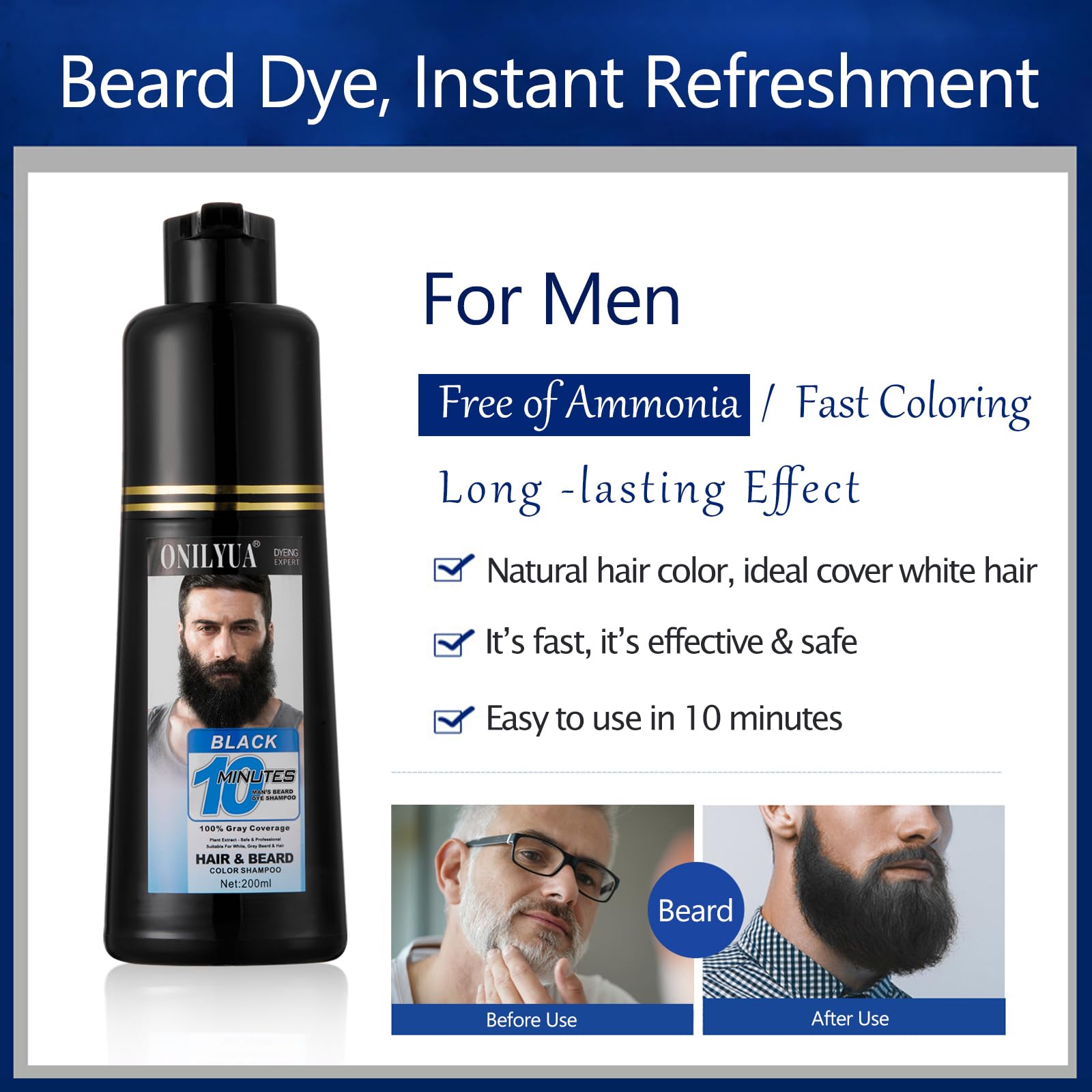 Onilyua beard dye shampoo color-beard offers a smudge-proof finish that lasts.