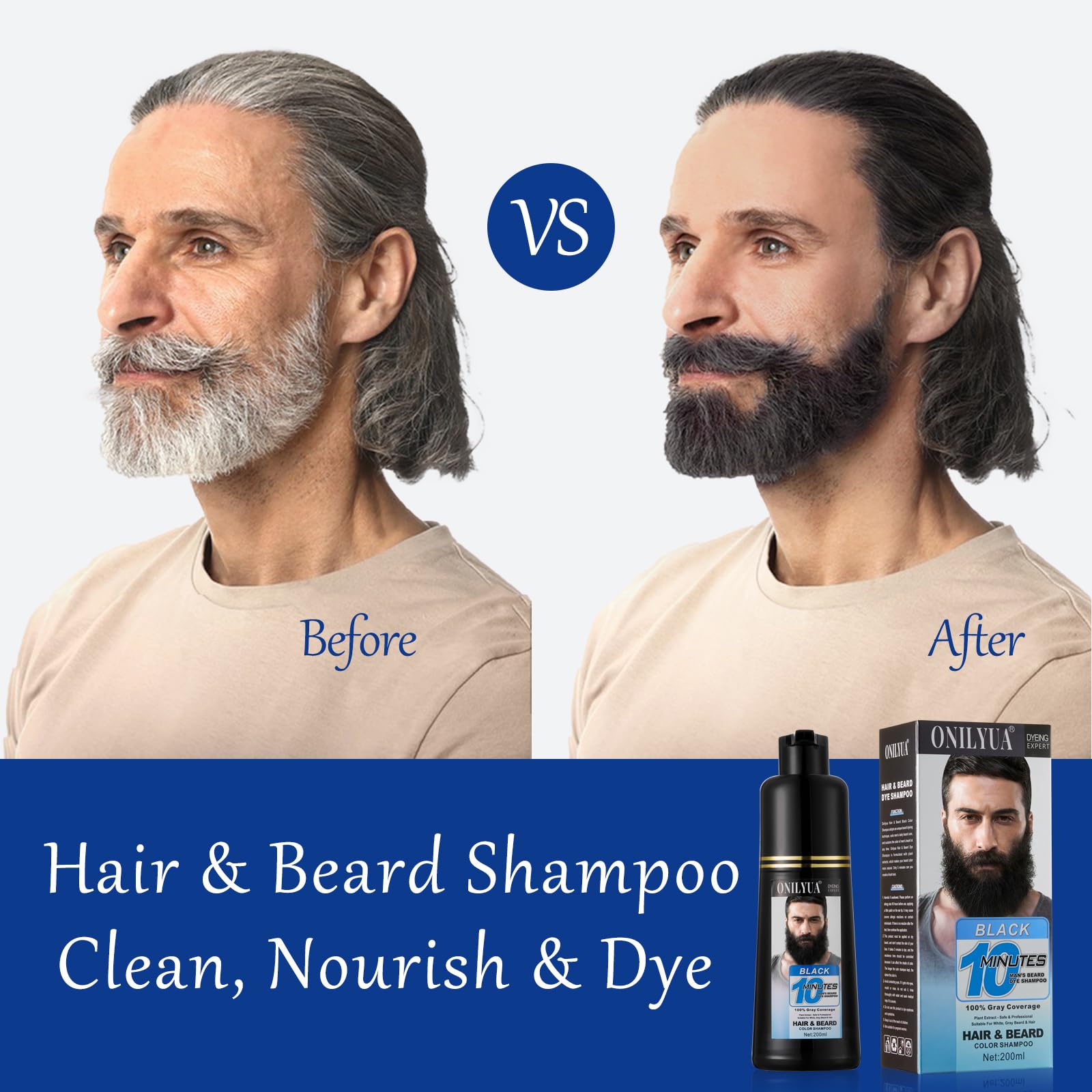 Onilyua beard dye shampoo gloves-on-apply demonstrates mess-free at-home use.