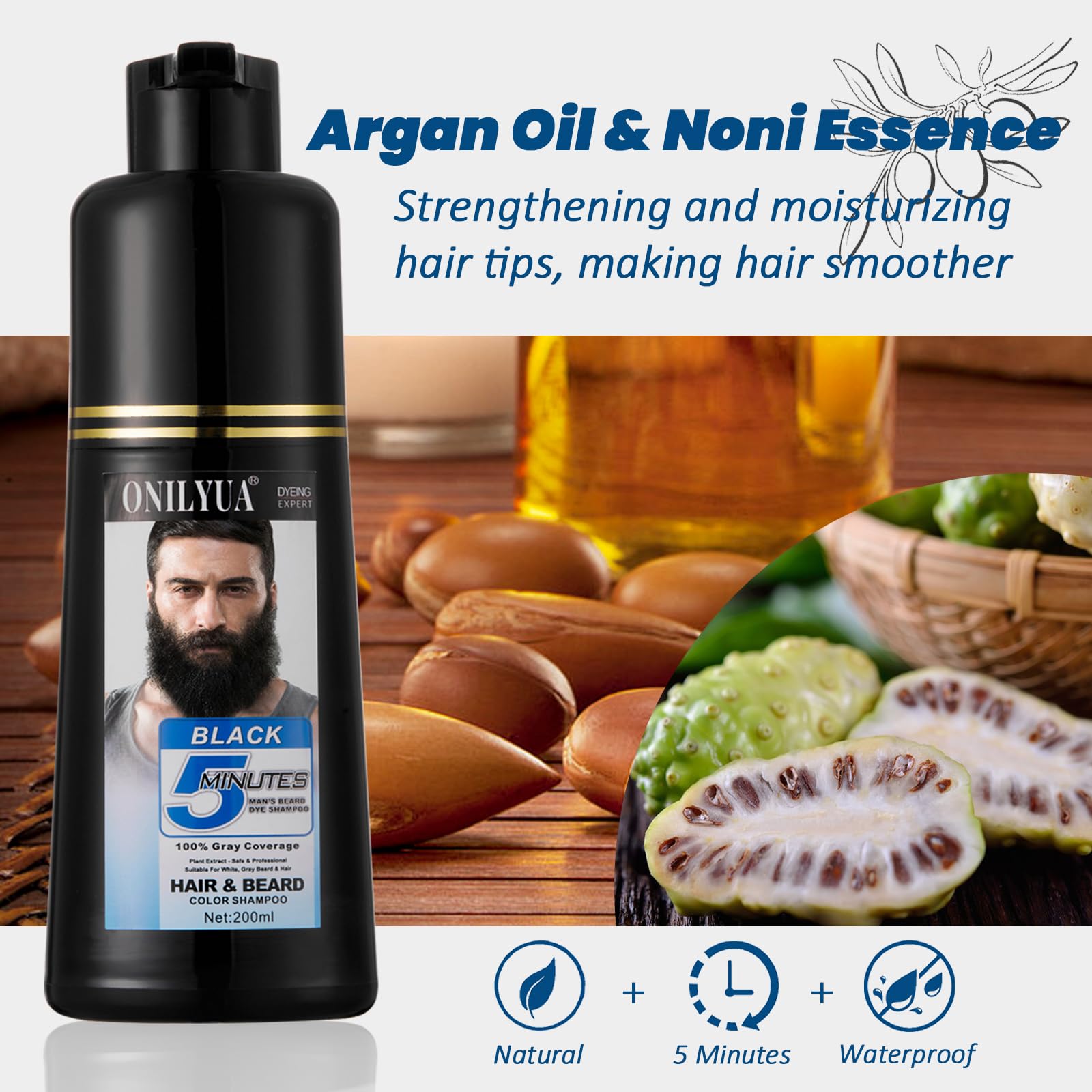 Onilyua beard dye shampoo gray hair close-up showing targeted coverage