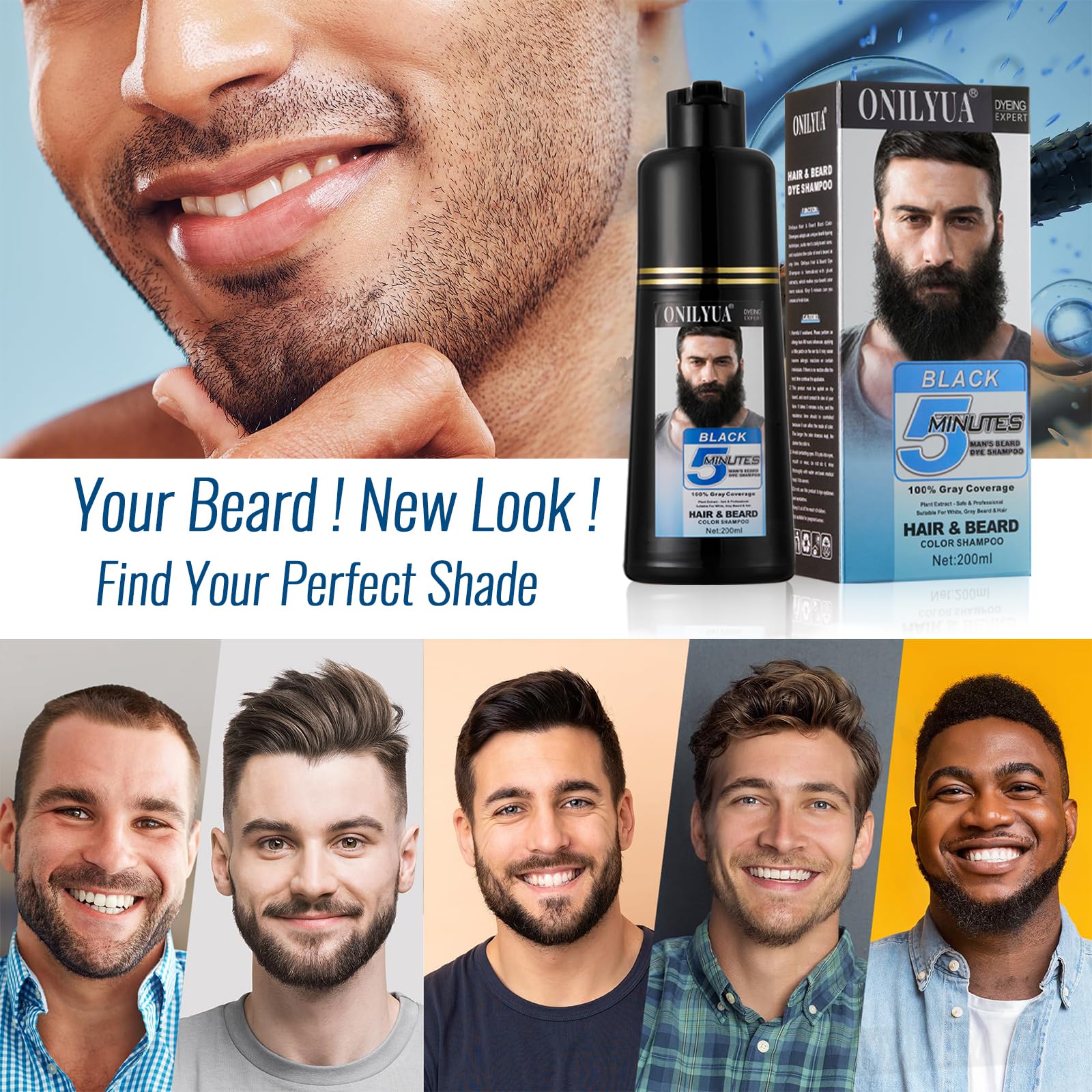 Onilyua beard dye shampoo long-lasting black color for facial hair up to 3-4 weeks