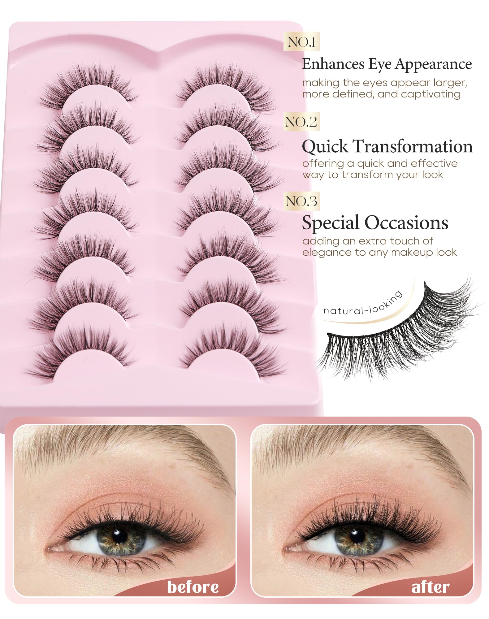 Onlyall Natural Lashes Seven-Pairs Pack demonstrates versatile options for occasions.