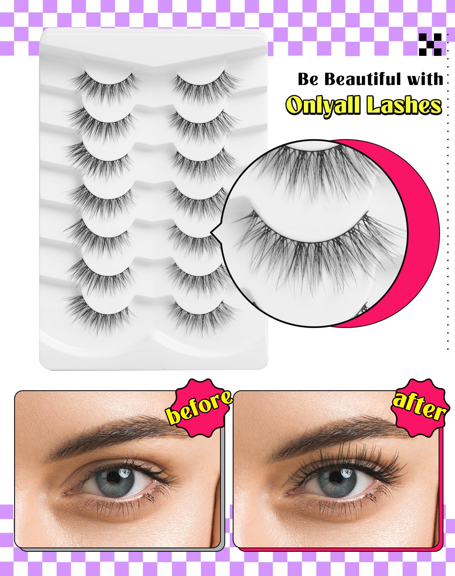 Onlyall weightless fiber lashes feel airy and comfortable all day.